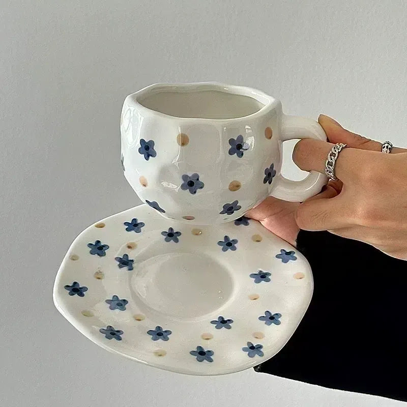 Hand-Made Blue Floral Teacup & Saucer Set - Velart Home