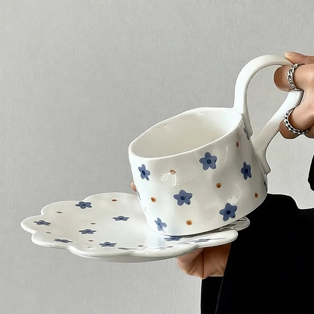 Vintage Tall Handle Blue Flower Cup & Saucer Set - Velart Home