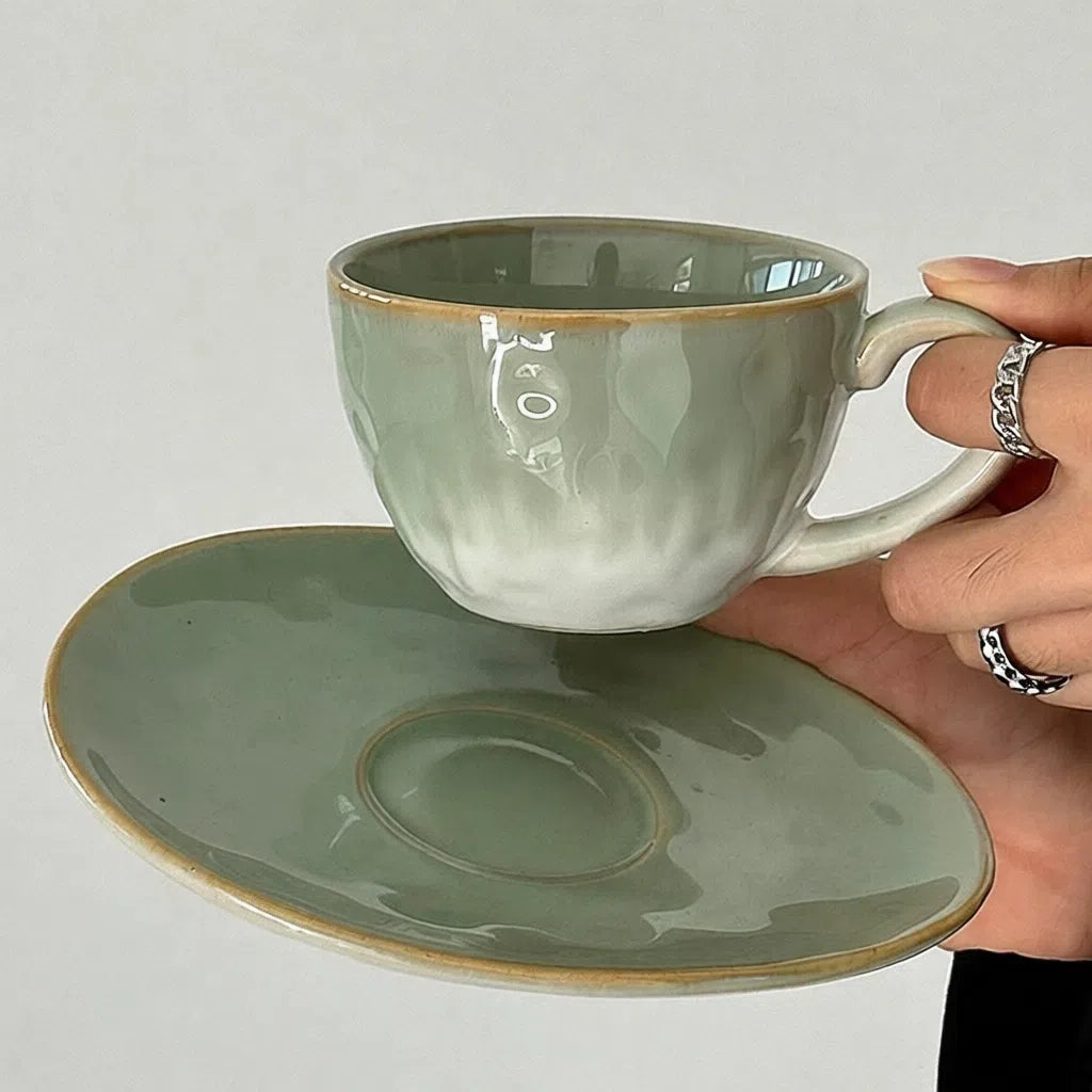 Retro Kiln-Changed Mist Green Cup & Saucer - Velart Home