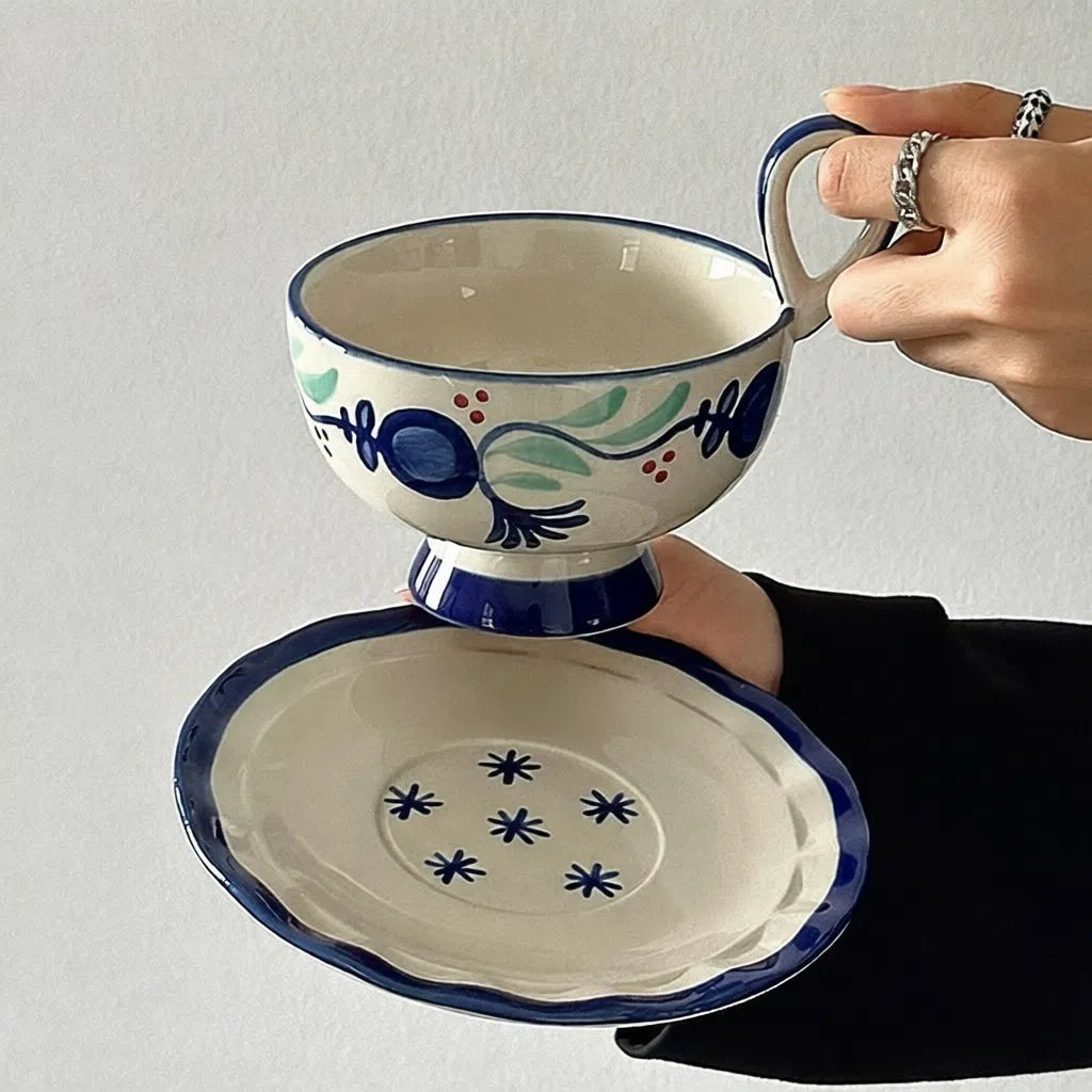 Vintage Hand-Painted Blue Inkstone Fruit Teacup - Velart Home