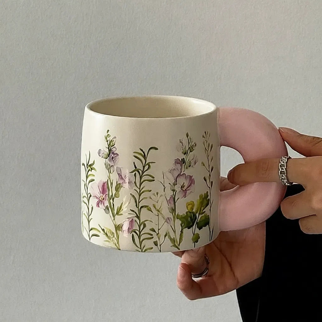 Pastoral Style Pink Flower Full Handle Mug - Velart Home