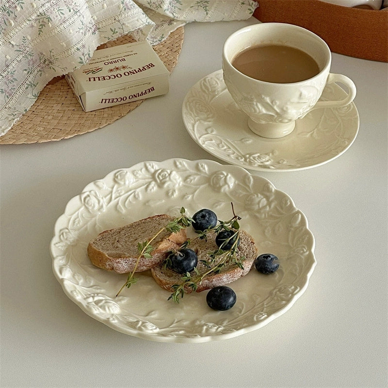 Cream Rose Ceramic Embossed Plate Set - Velart Home