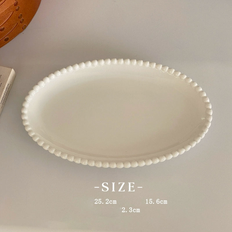 White Ceramic Plate Set With Pearl Edging Relief - Velart Home