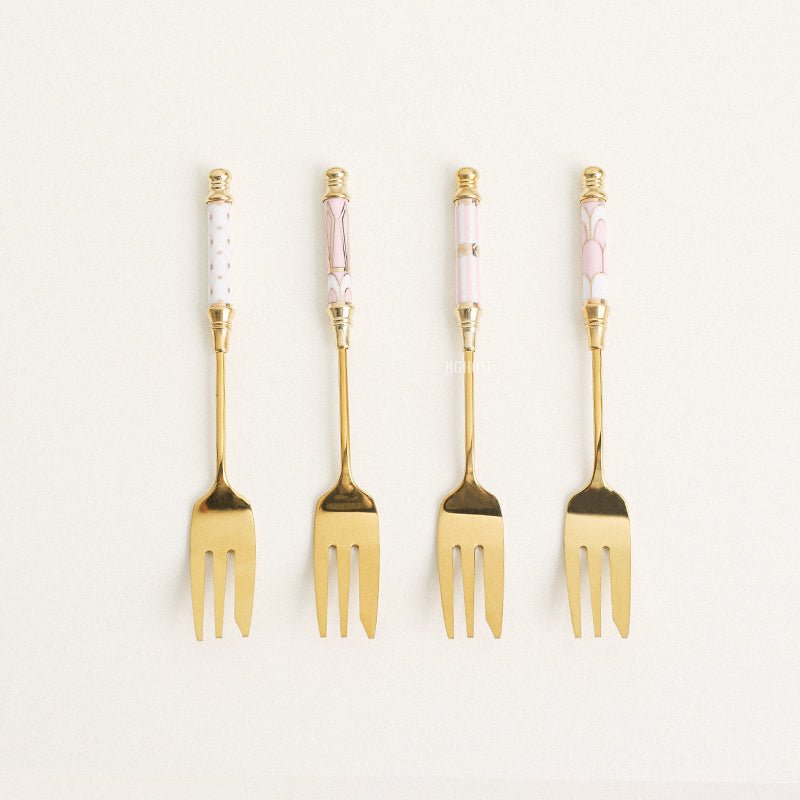 GLORIOUS CERAMIC HANDLE GOLD DESSERT SPOON AND FORK - Velart Home