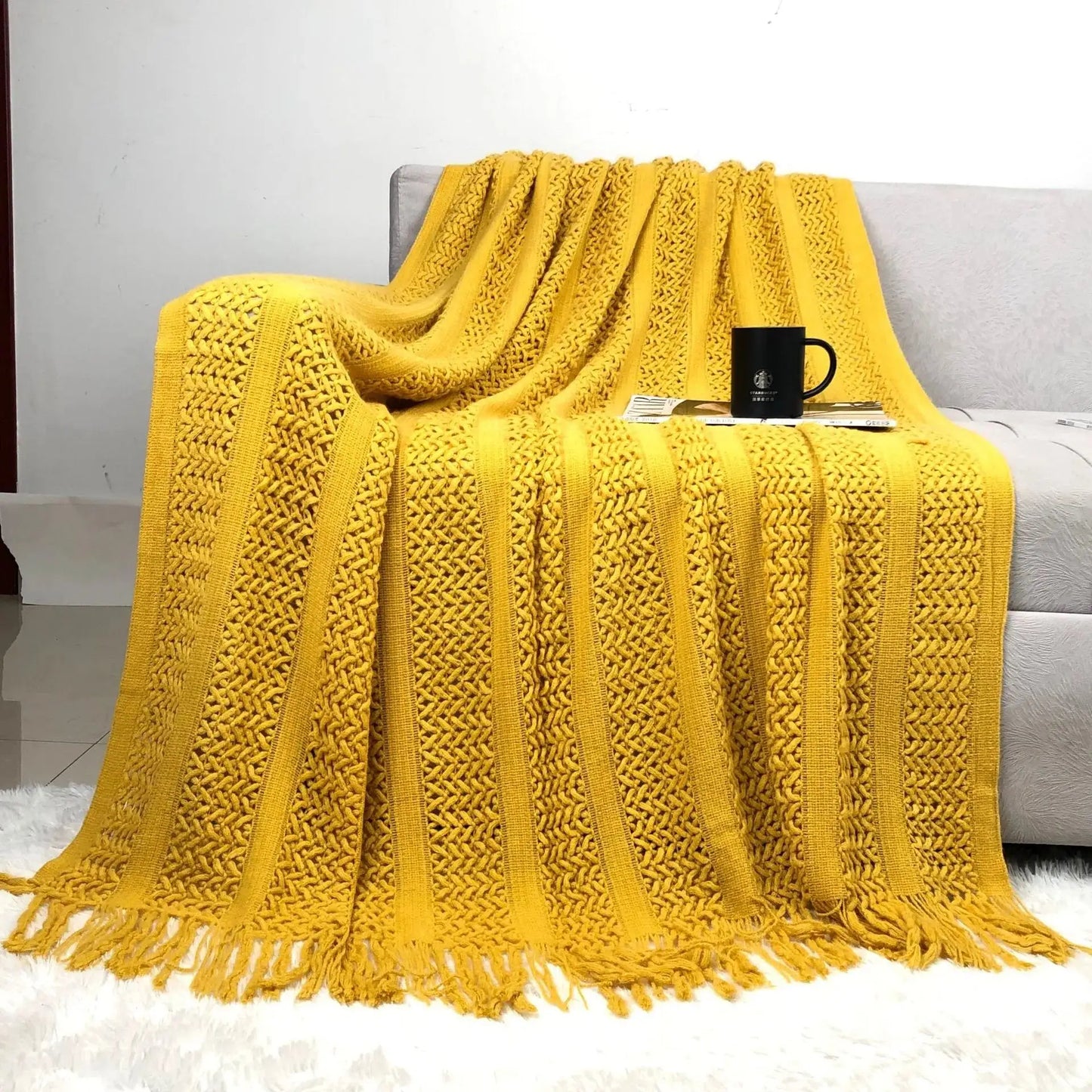 Cotton Knitted Blanket - Wavy Tassels - Velart Home