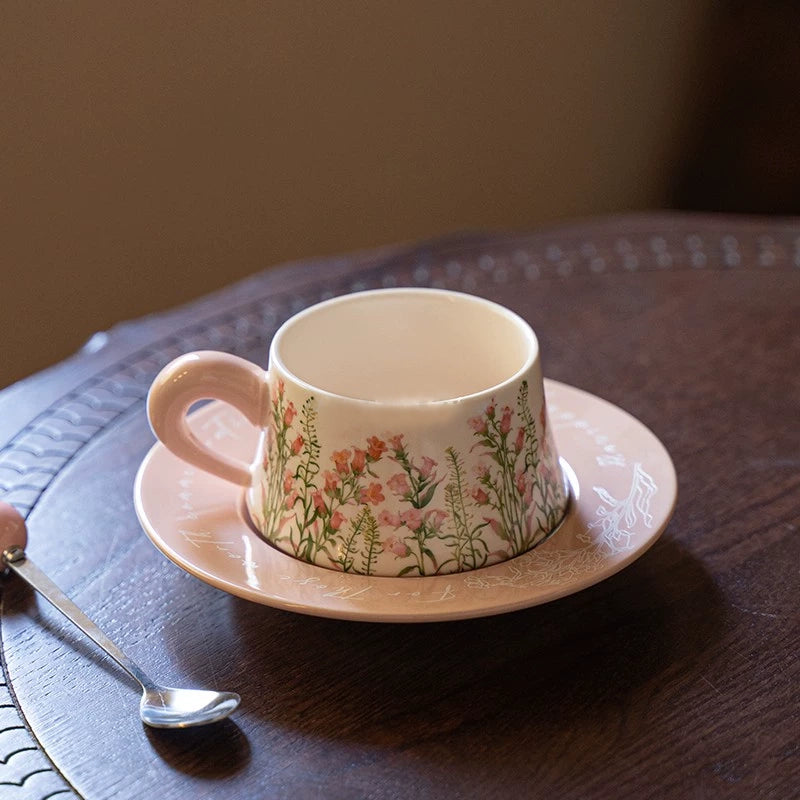 Lily Pink Ceramic Coffee Cup With Saucer - Velart Home