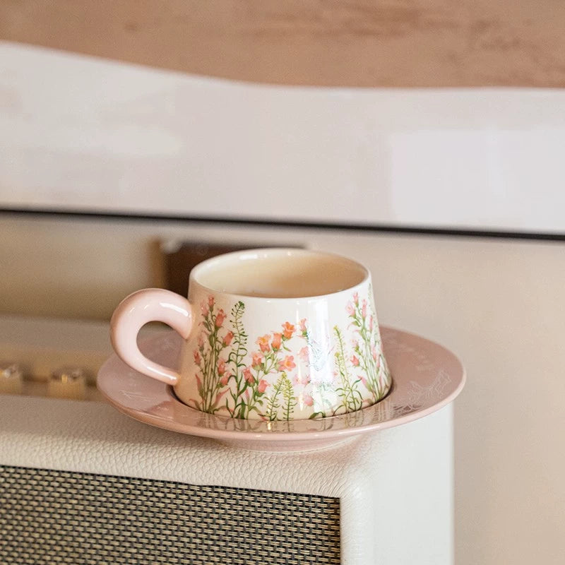 Lily Pink Ceramic Coffee Cup With Saucer - Velart Home
