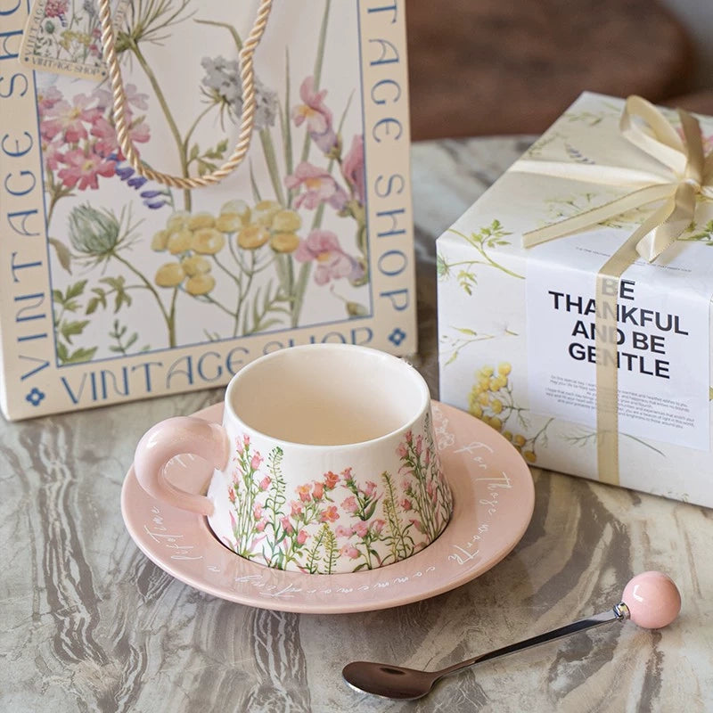 Lily Pink Ceramic Coffee Cup With Saucer - Velart Home
