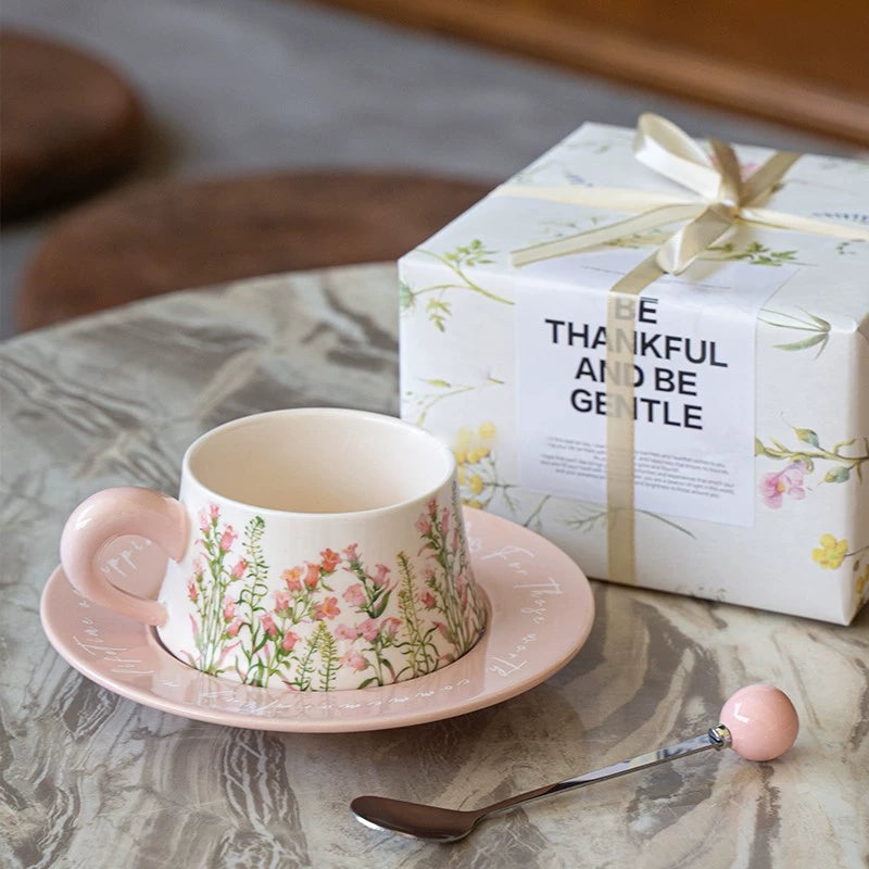 Lily Pink Ceramic Coffee Cup With Saucer - Velart Home