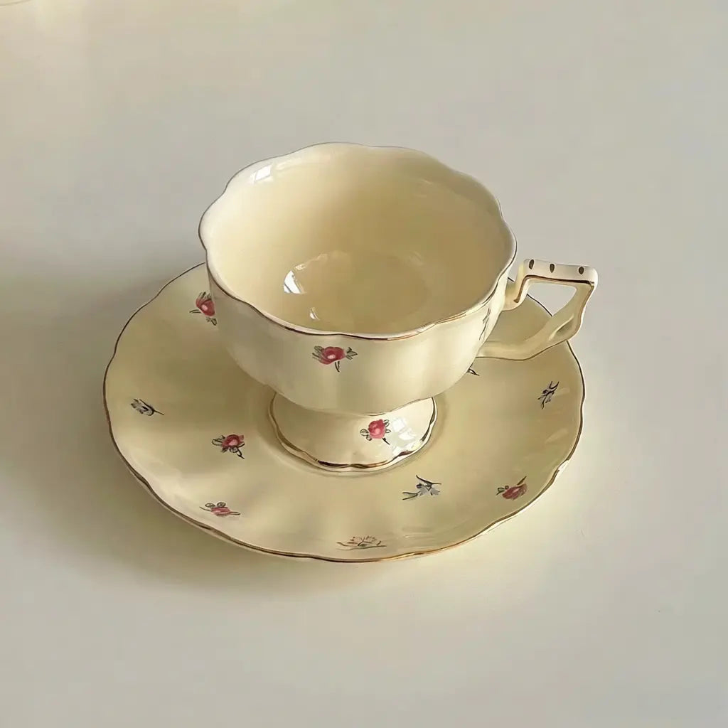 Cream Floral Ceramic Coffee Cup And Saucer - Velart Home