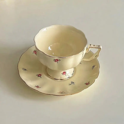 Cream Floral Ceramic Coffee Cup And Saucer - Velart Home