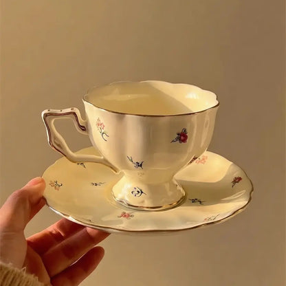 Cream Floral Ceramic Coffee Cup And Saucer - Velart Home
