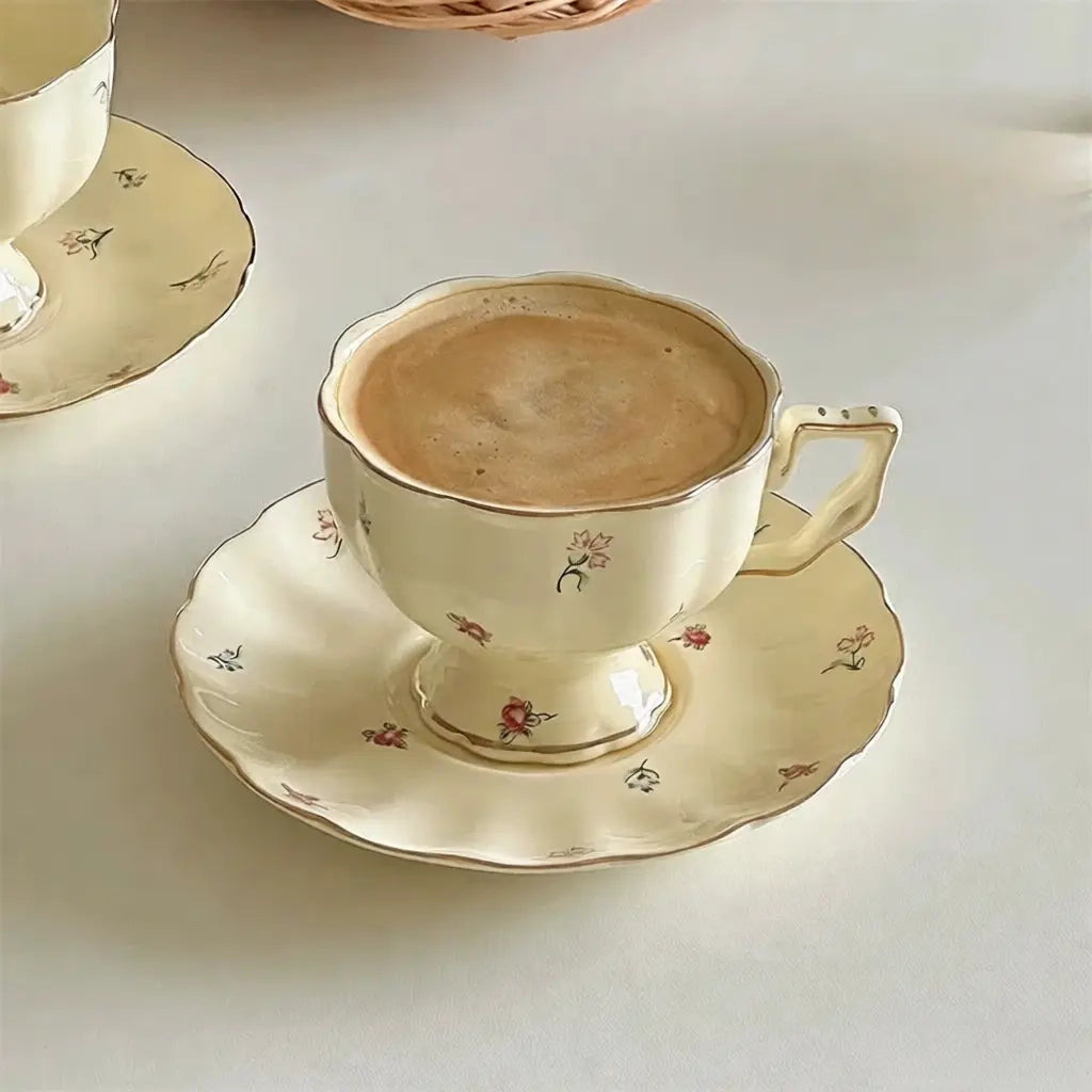 Cream Floral Ceramic Coffee Cup And Saucer - Velart Home