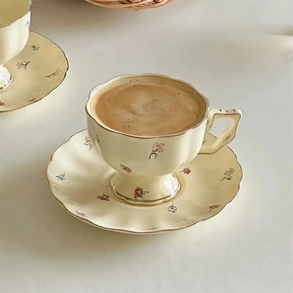 Cream Floral Ceramic Coffee Cup And Saucer - Velart Home