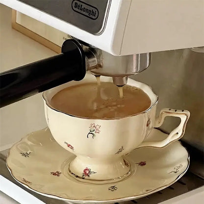 Cream Floral Ceramic Coffee Cup And Saucer - Velart Home