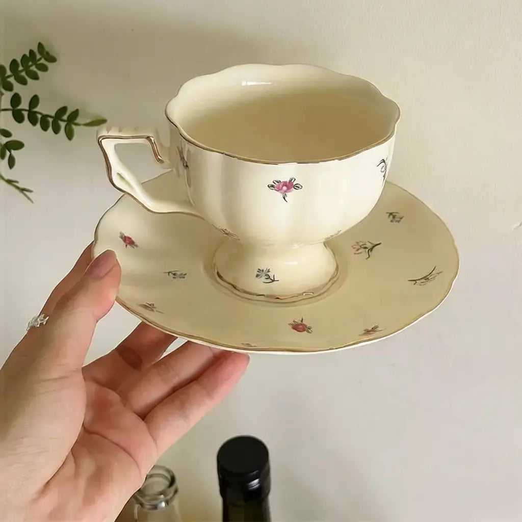 Cream Floral Ceramic Coffee Cup And Saucer - Velart Home