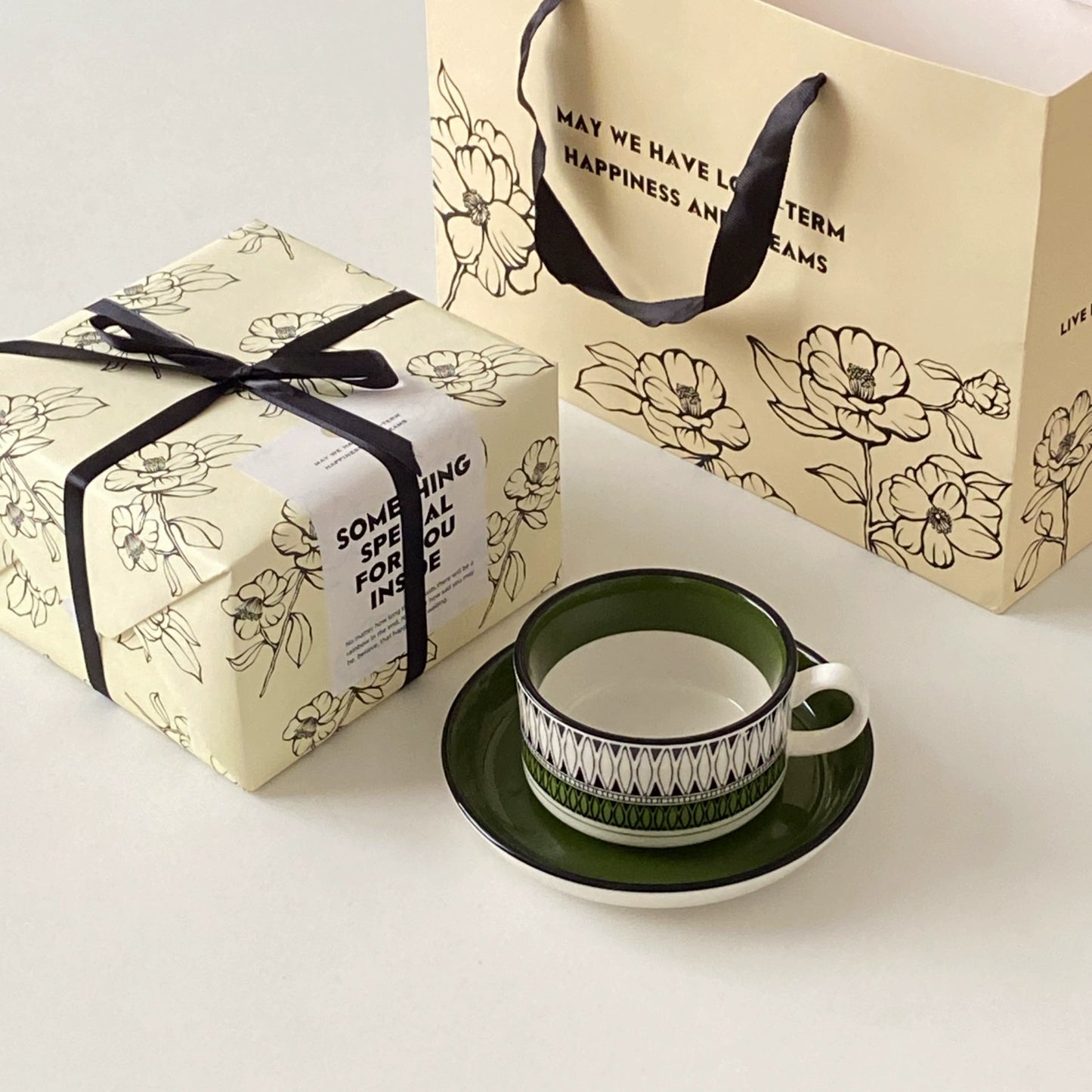 Vintage Green Ceramic Cup & Saucer Set - Velart Home