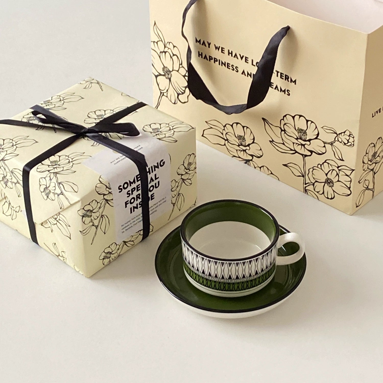 Vintage Green Ceramic Cup & Saucer Set - Velart Home