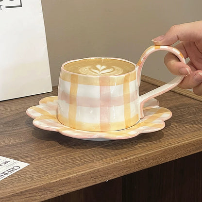 Hand-Painted Yellow Plaid Ceramic Cup & Saucer Set - Velart Home