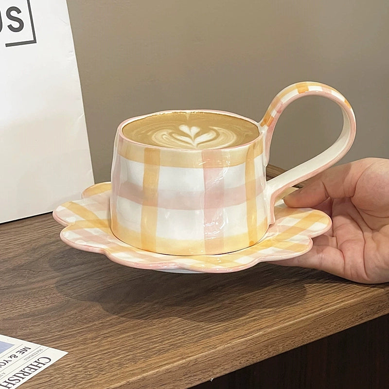 Hand-Painted Yellow Plaid Ceramic Cup & Saucer Set - Velart Home