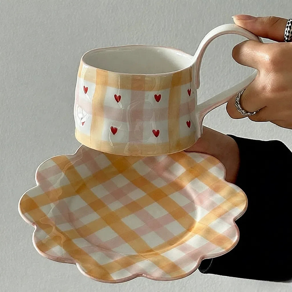 Hand-Painted Yellow Plaid Ceramic Cup & Saucer Set - Velart Home