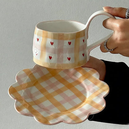 Hand-Painted Yellow Plaid Ceramic Cup & Saucer Set - Velart Home