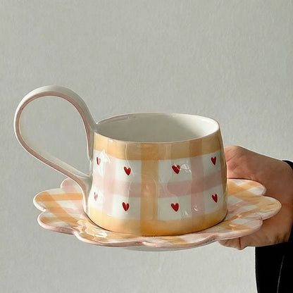 Hand-Painted Yellow Plaid Ceramic Cup & Saucer Set - Velart Home