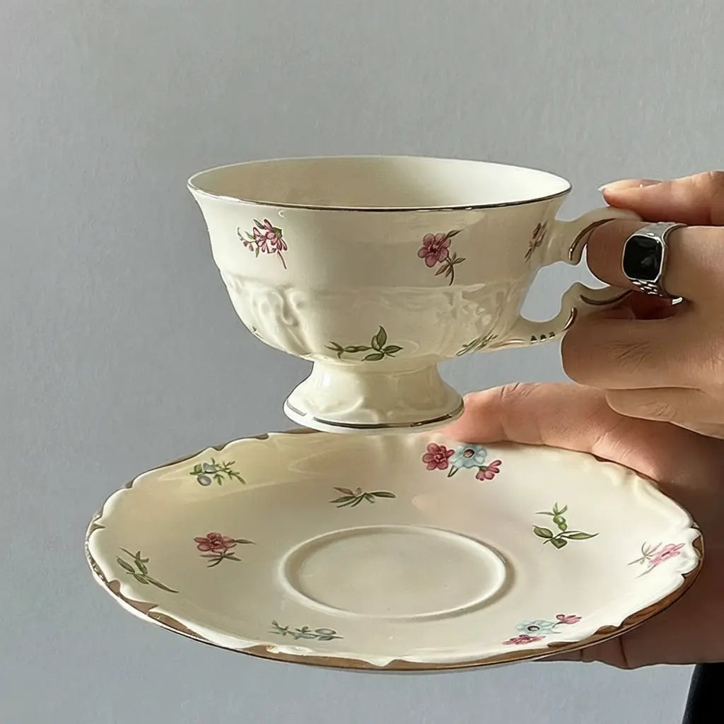 Exquisite Cream Floral Ceramic Teacup & Saucer Set - Velart Home