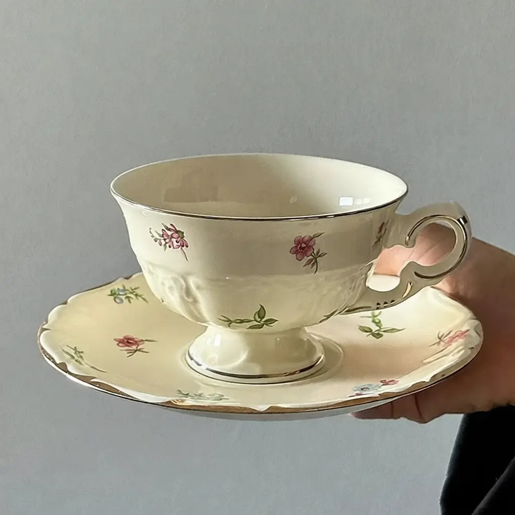 Exquisite Cream Floral Ceramic Teacup & Saucer Set - Velart Home