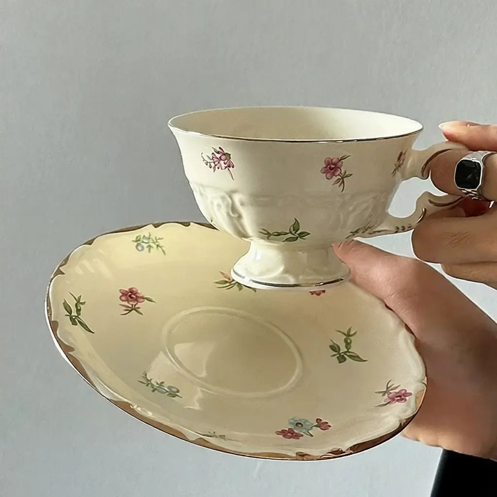 Exquisite Cream Floral Ceramic Teacup & Saucer Set - Velart Home