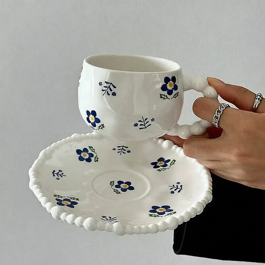 Hand-Made Blue Floral Teacup & Saucer Set - Velart Home
