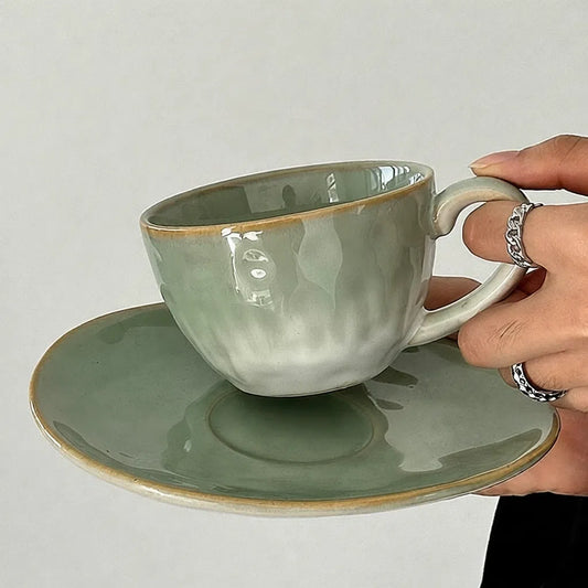 Retro Kiln-Changed Mist Green Cup & Saucer - Velart Home