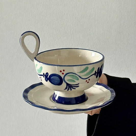 Vintage Hand-Painted Blue Inkstone Fruit Teacup - Velart Home