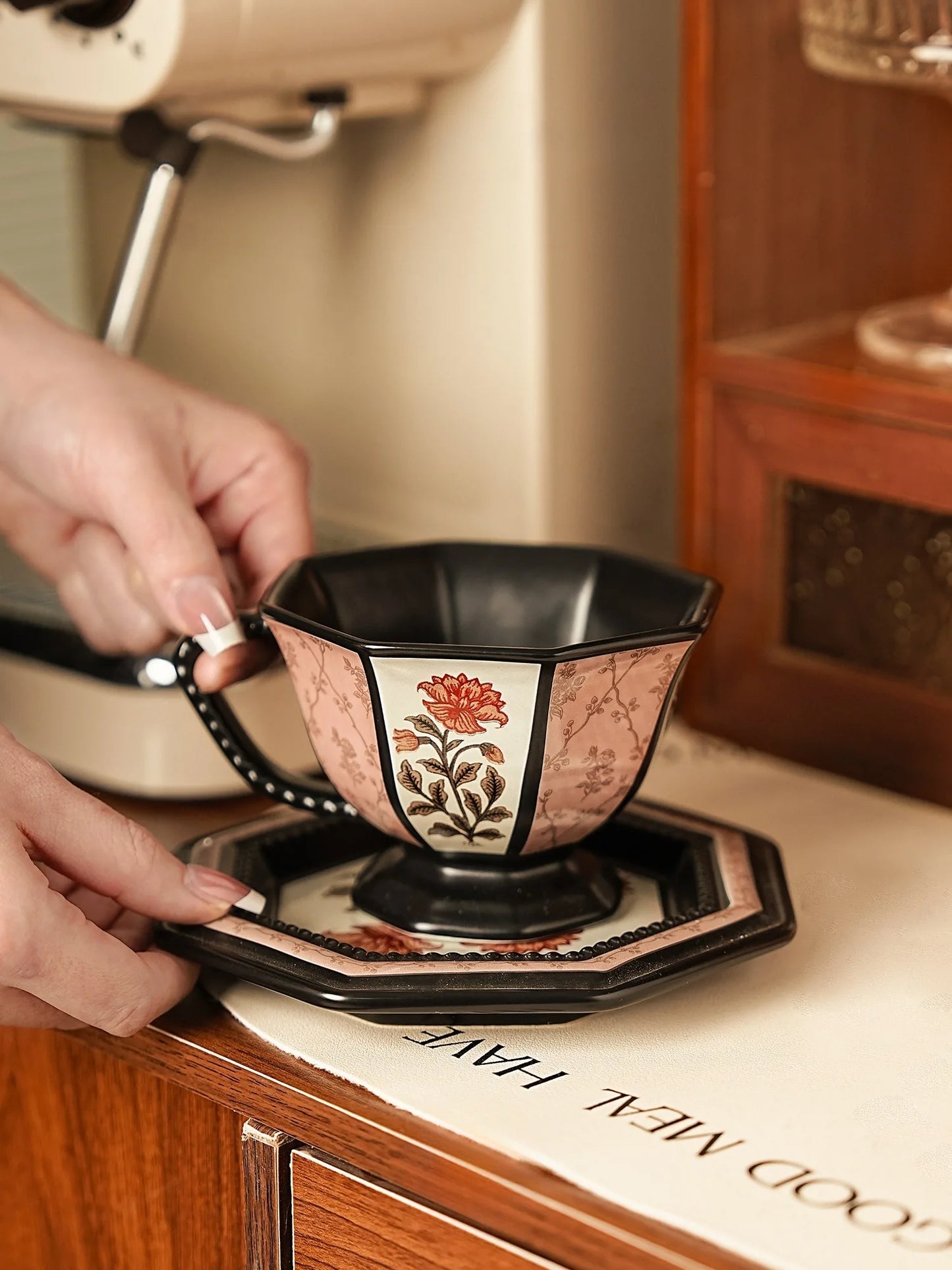 Octagonal Floral Ceramic Coffee Cup - VELART HOME