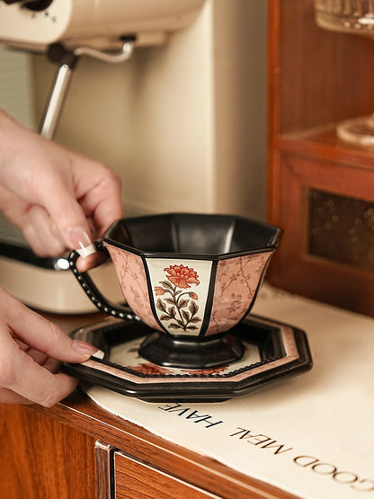 Octagonal Floral Ceramic Coffee Cup - VELART HOME