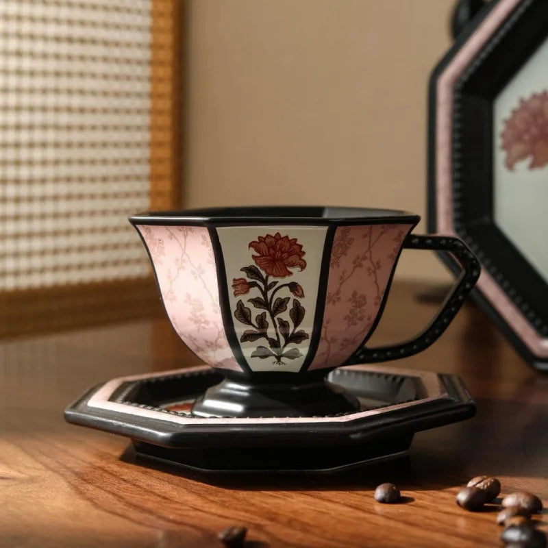 Octagonal Floral Ceramic Coffee Cup - VELART HOME