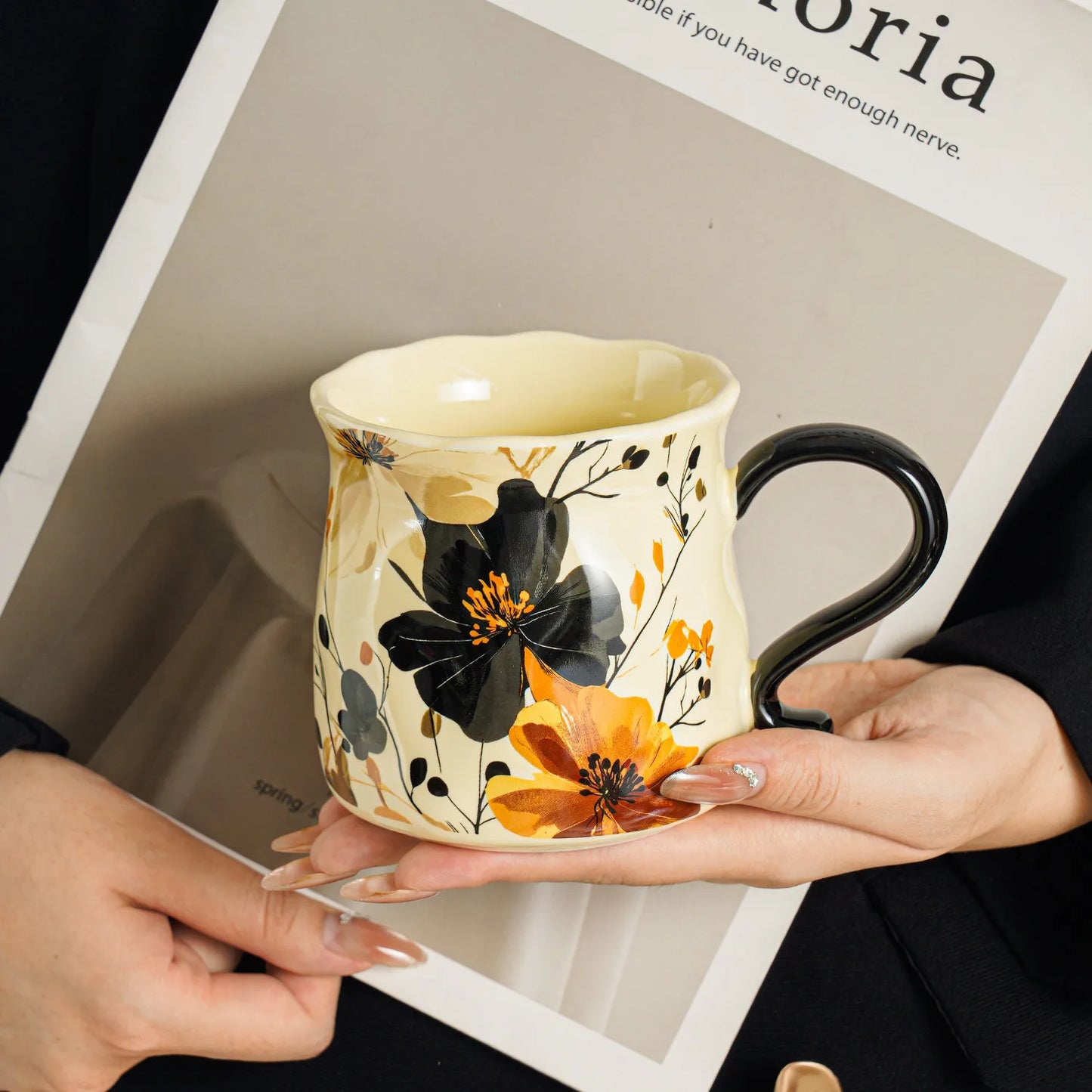 Scalloped Rim Botanical Mug - VELART HOME