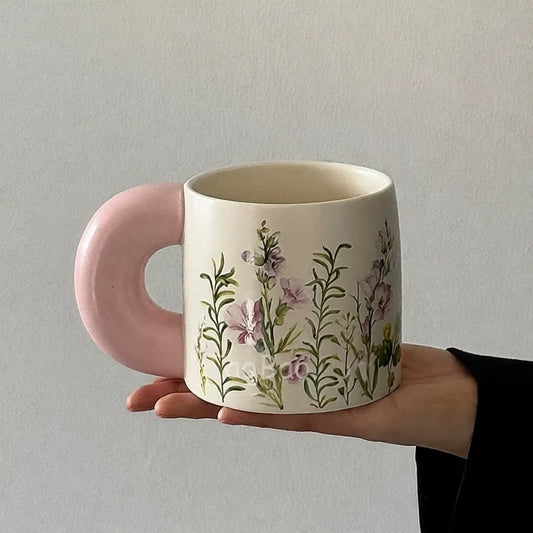 Pastoral Style Pink Flower Full Handle Mug - Velart Home