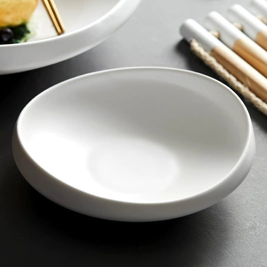 MATTE PURE WHITE IRREGULAR CERAMIC SOUP PLATE - Velart Home