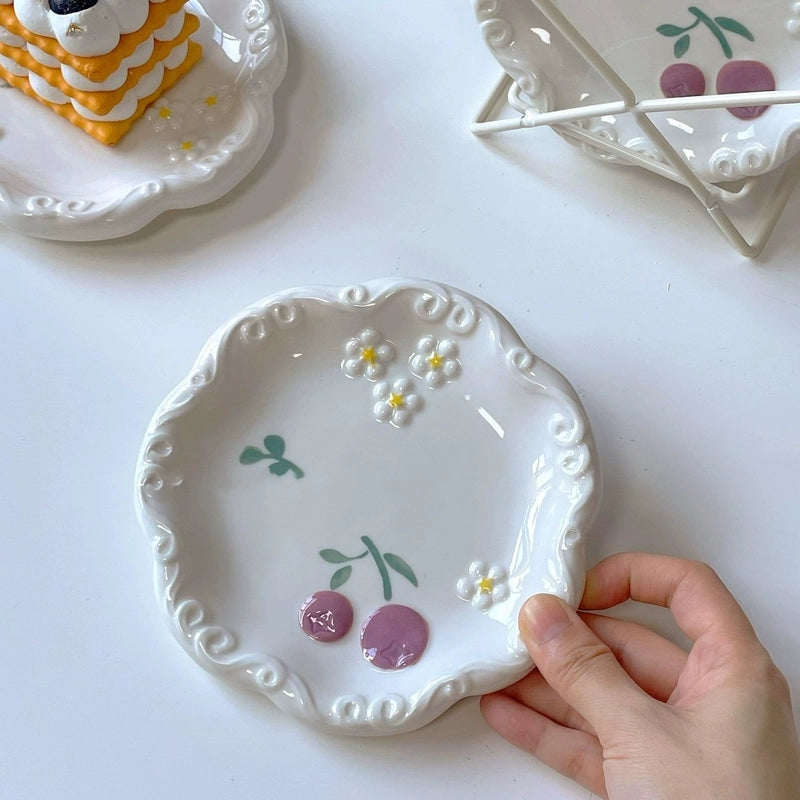 Floral Relief Design Dessert Plate - Velart Home