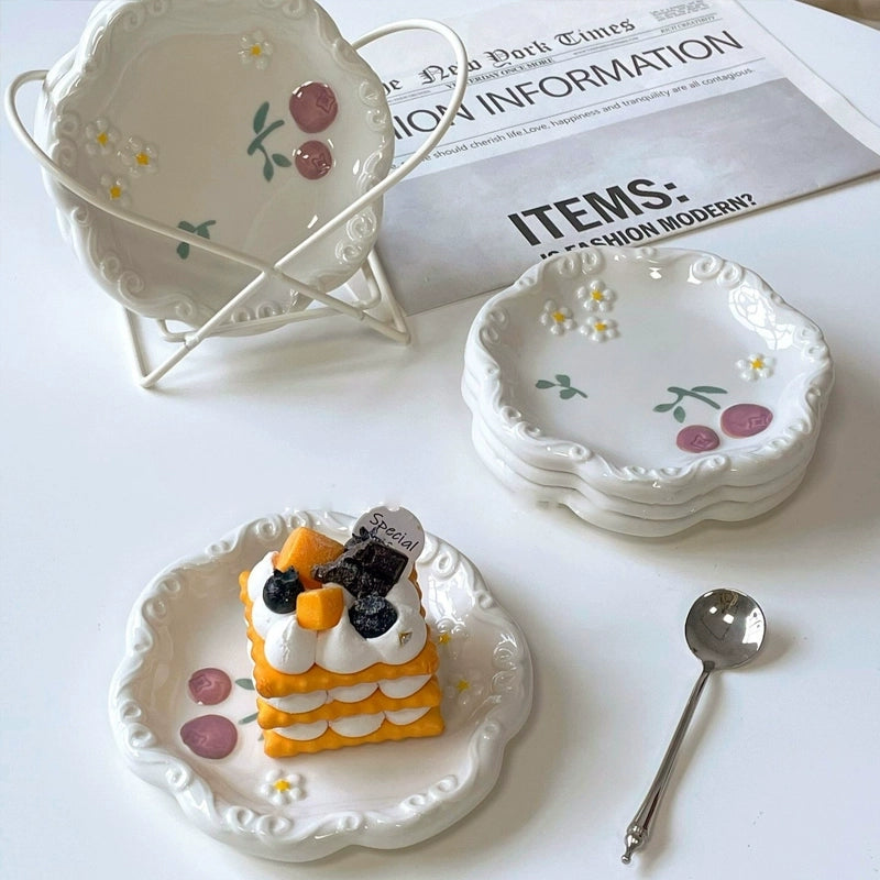 Floral Relief Design Dessert Plate - Velart Home