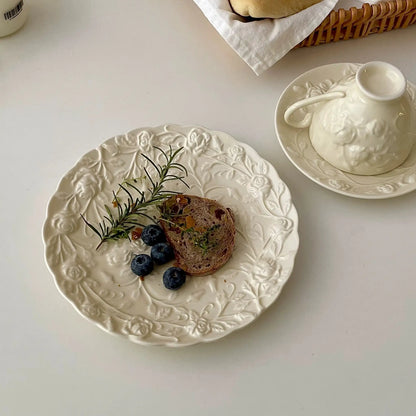 Cream Rose Ceramic Embossed Plate Set - Velart Home