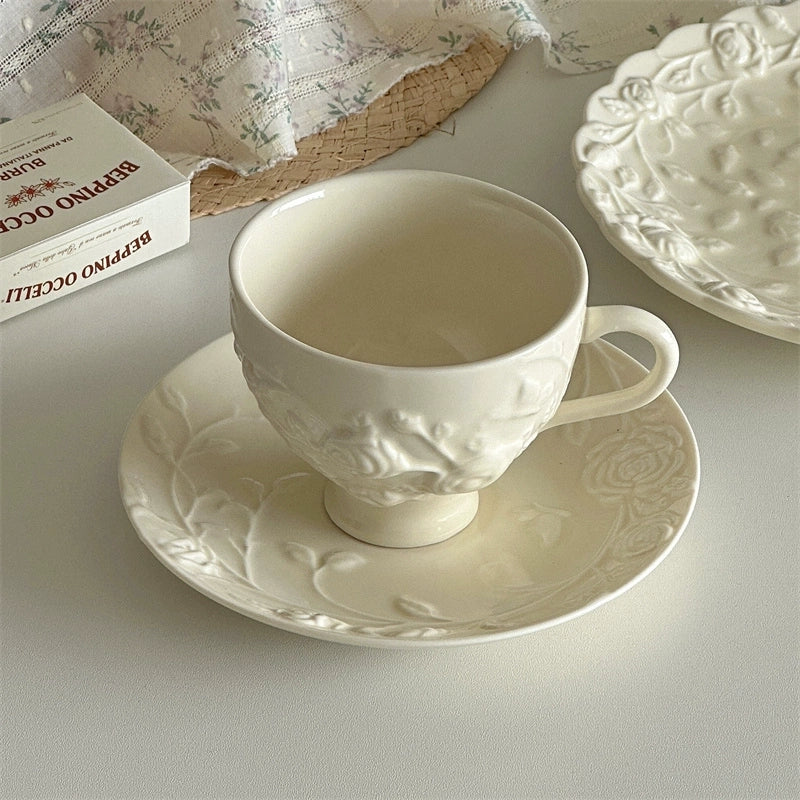 Cream Rose Ceramic Embossed Plate Set - Velart Home
