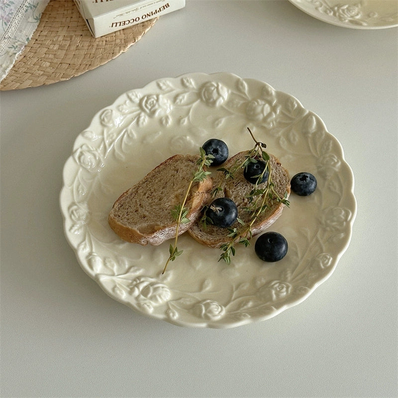 Cream Rose Ceramic Embossed Plate Set - Velart Home