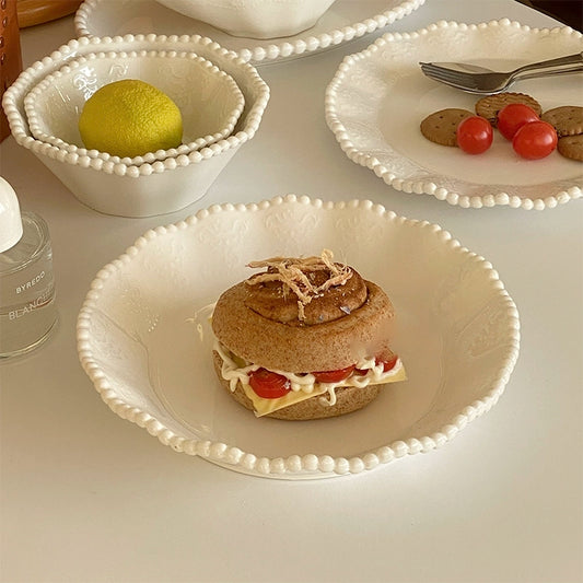 White Ceramic Plate Set With Pearl Edging Relief - Velart Home