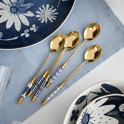GLORIOUS CERAMIC HANDLE GOLD DESSERT SPOON AND FORK - Velart Home
