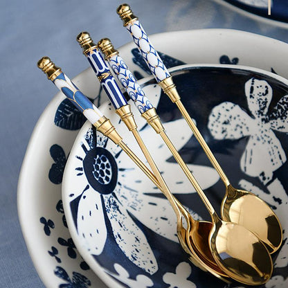GLORIOUS CERAMIC HANDLE GOLD DESSERT SPOON AND FORK - Velart Home