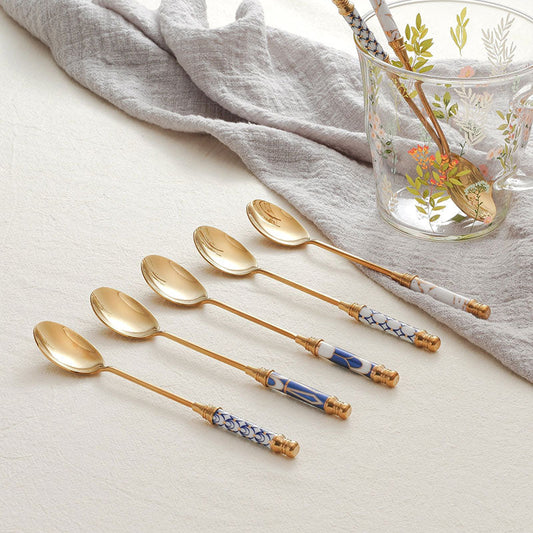 GLORIOUS CERAMIC HANDLE GOLD DESSERT SPOON AND FORK - Velart Home