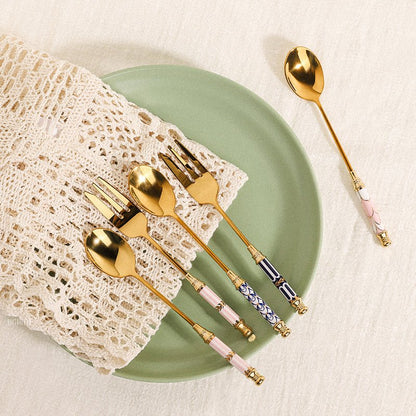 GLORIOUS CERAMIC HANDLE GOLD DESSERT SPOON AND FORK - Velart Home