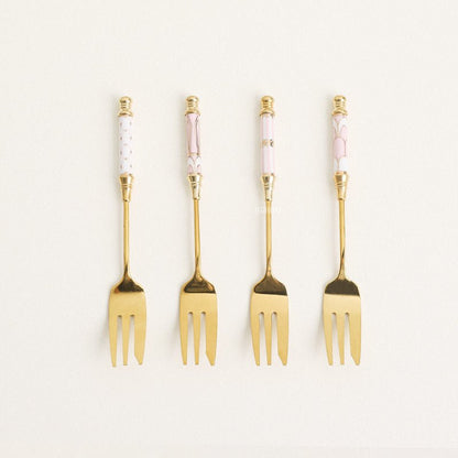 GLORIOUS CERAMIC HANDLE GOLD DESSERT SPOON AND FORK - Velart Home